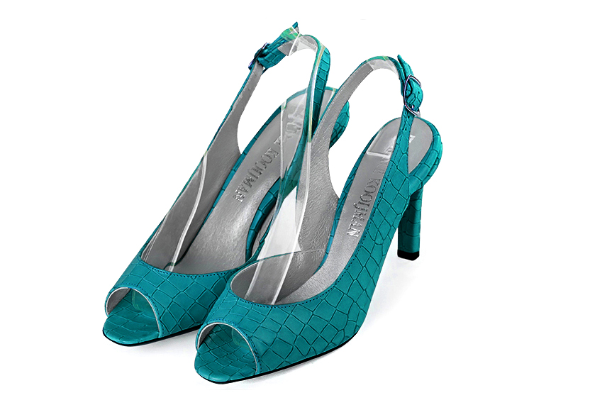 Dress heels peep-toe slingback in turquoise blue leather with high slim heels and square toe - Front view